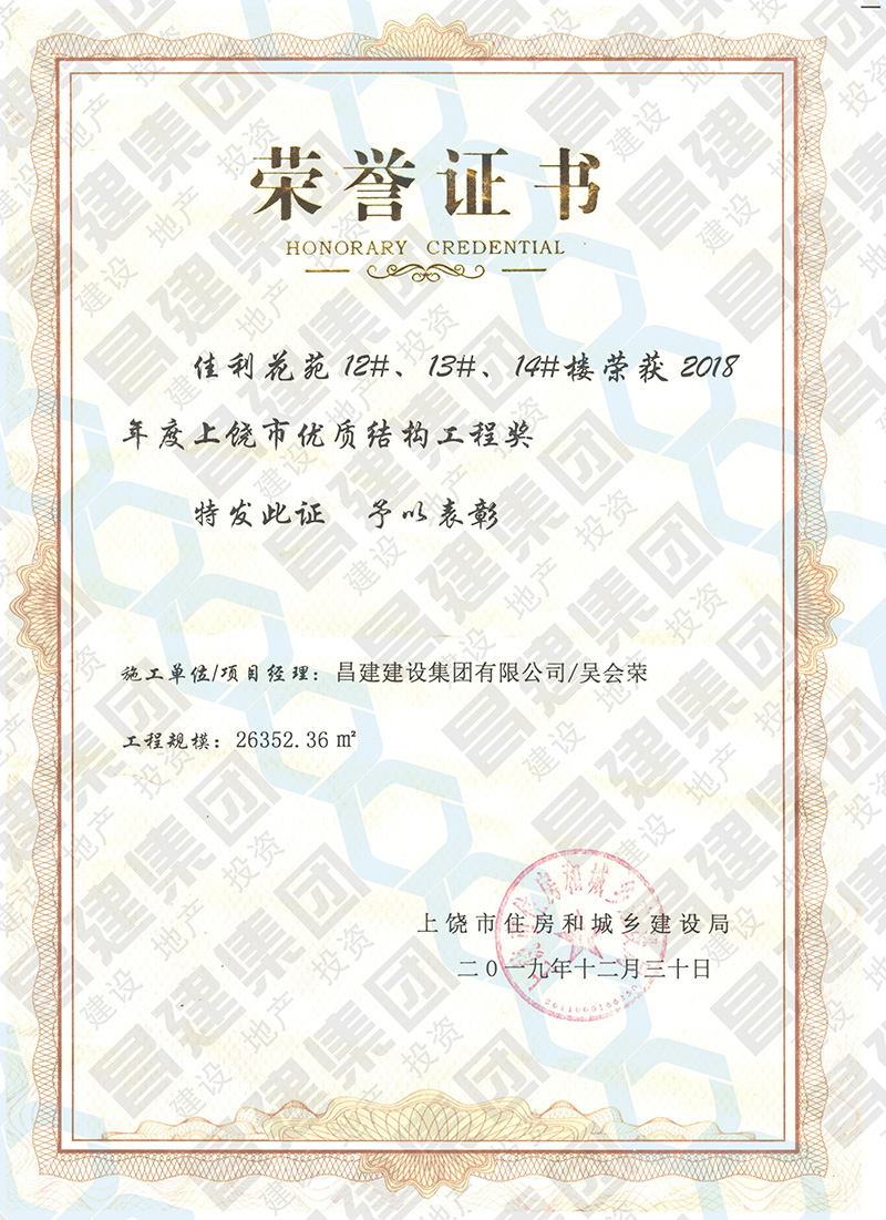 喜訊！昌建集團(tuán)佳利花苑12#、13#、14#樓獲評“2018年度上饒市優(yōu)質(zhì)結(jié)構(gòu)工程獎”